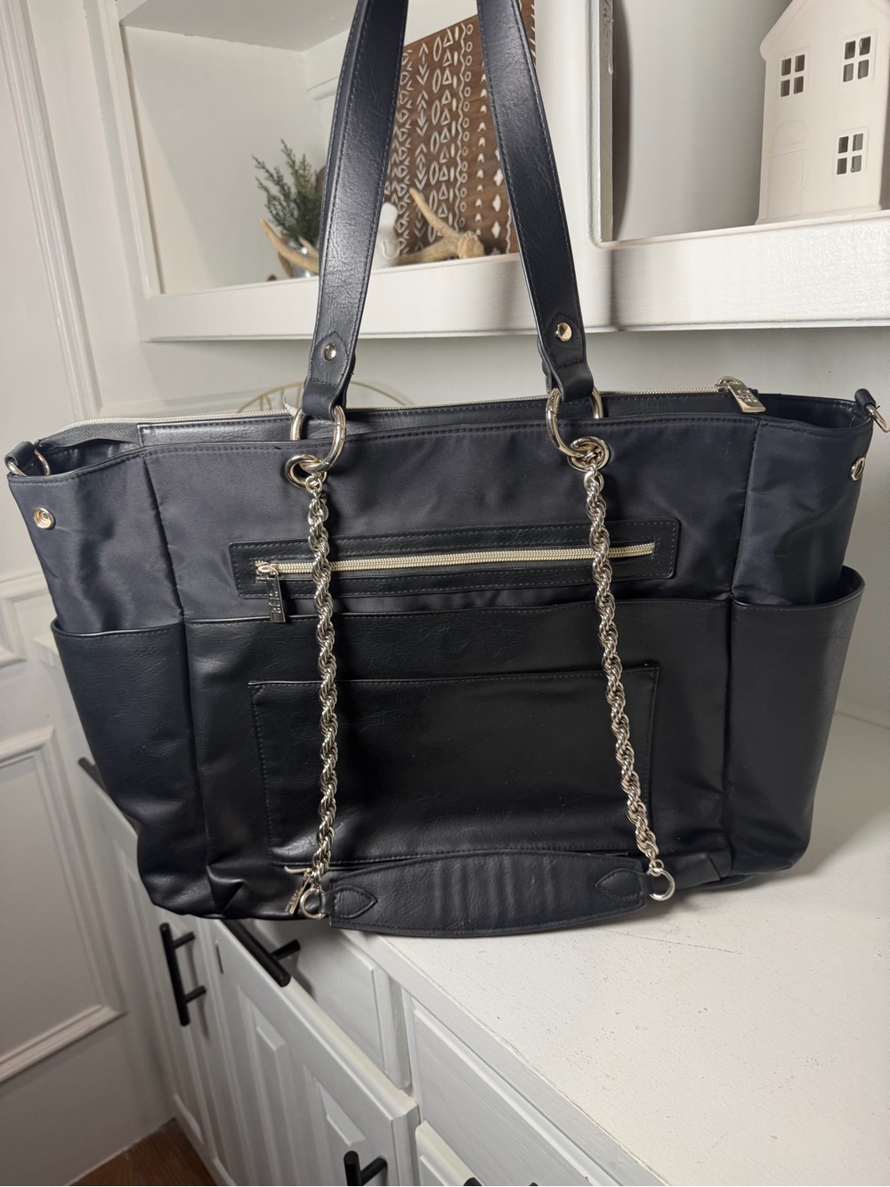 BÉIS The Diaper Bag Black Large Tote Silver Chain Crossbody Baby Travel Bag - Picture 5 of 15